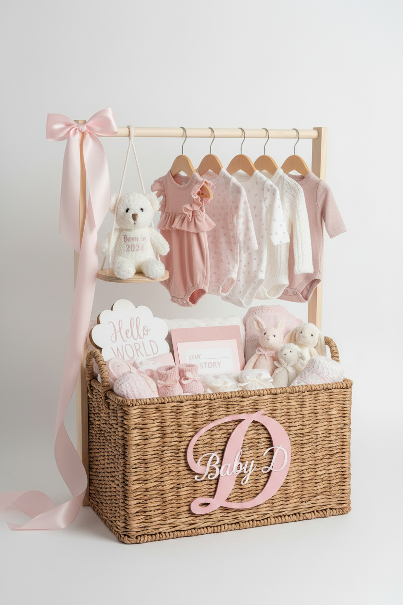 Luxury Baby Hamper Gift Set | Personalised Crate with Clothes, Teddy & Essentials | New Baby Gift