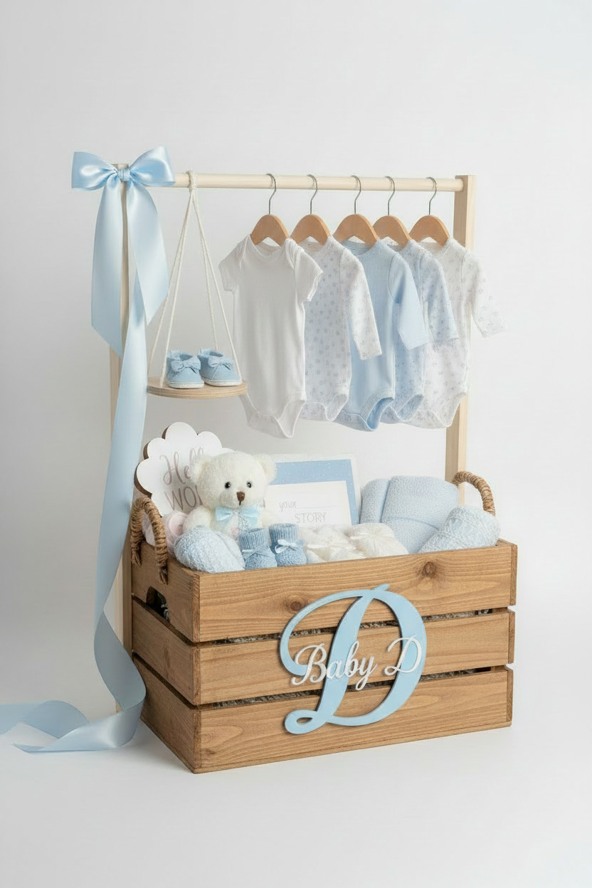 Luxury Baby Hamper Gift Set | Personalised Crate with Clothes, Teddy & Essentials | New Baby Gift