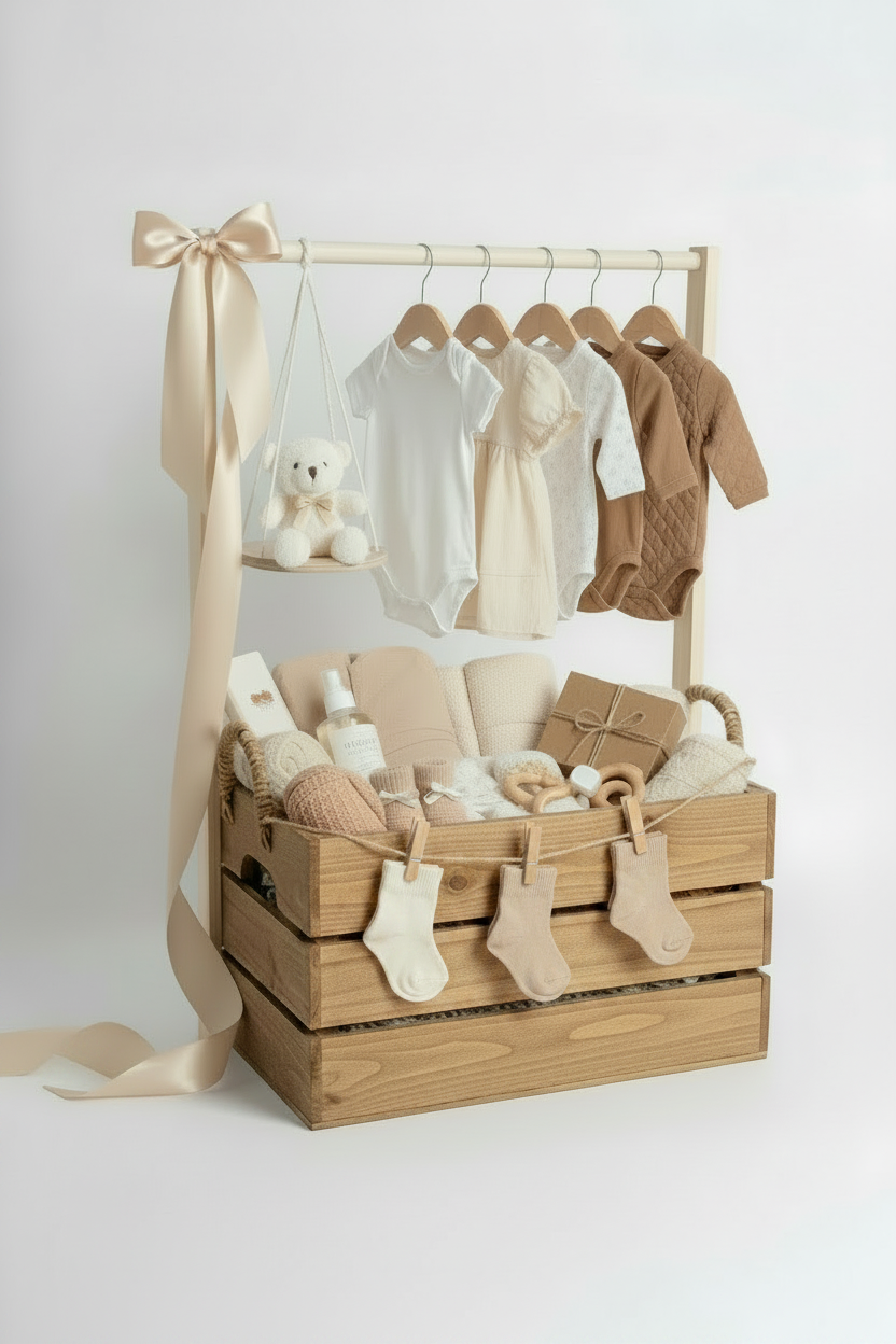 Luxury Baby Hamper Gift Set | Personalised Crate with Clothes, Teddy & Essentials | New Baby Gift