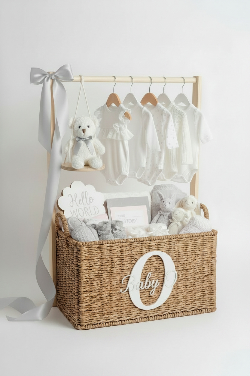 Luxury Baby Hamper Gift Set | Personalised Crate with Clothes, Teddy & Essentials | New Baby Gift